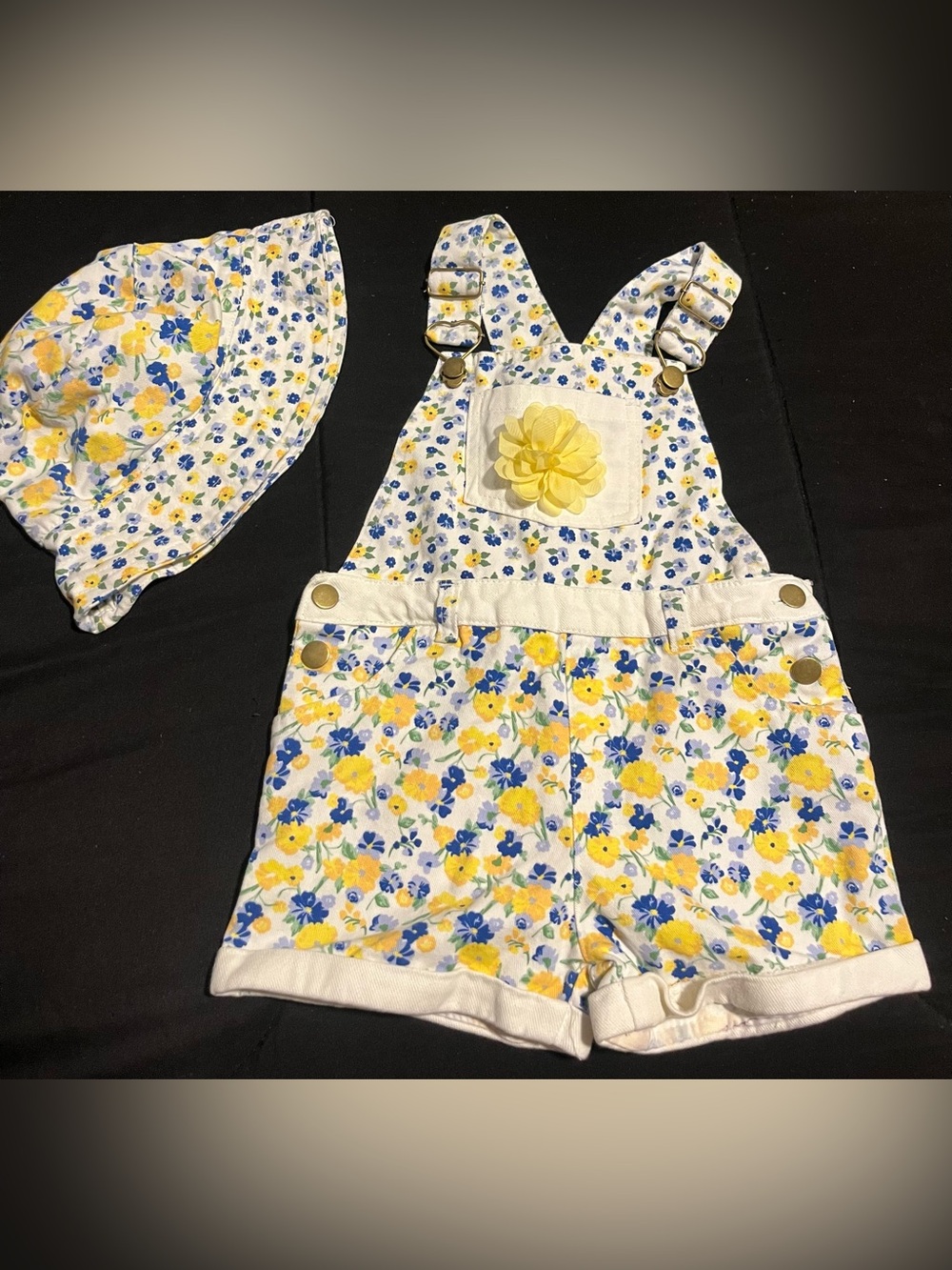 Girls Yellow & Blue Floral Short Overalls with Matching Bucket Sun Hat